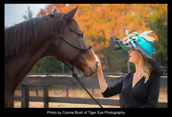 Acacia Clement modeling the "Slew's Brew" auction hat from Season 12 of "Hats Off to the Horses" fundraiser for Old Friends
