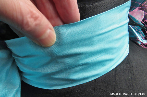 Teal dupioni silk sash on the "Cozmic One" chapeau for Old Friends