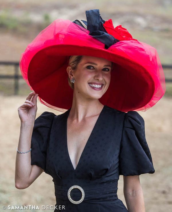 Acacia Clement modeling the "A Shin Forward" chapeau for "Hats Off to the Horses"