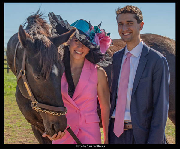 Andie Biancone, Reporter/Racing Analyst at FanDuel Racing modeling the "Cozmic One" Derby hat with jockey Keith Asmussen for "Hats Off to the Horses"